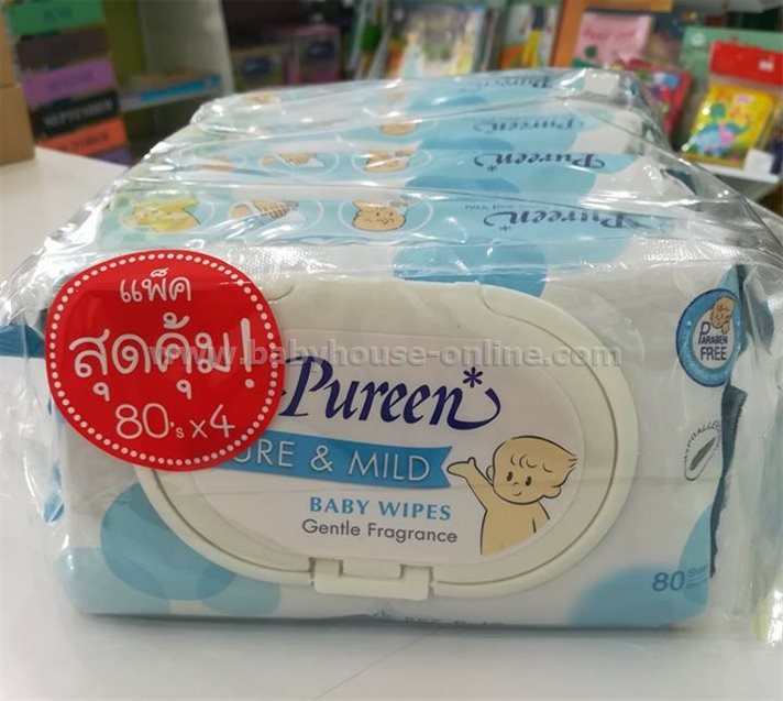 Pureenทิชชู่เปียกเช็ดทำความสะอาด 80ชิ้น สีฟ้า Pack4ห่อ