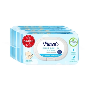 [8850848009794] Pureenทิชชู่เปียกเช็ดทำความสะอาด 80ชิ้น สีฟ้า Pack4ห่อ