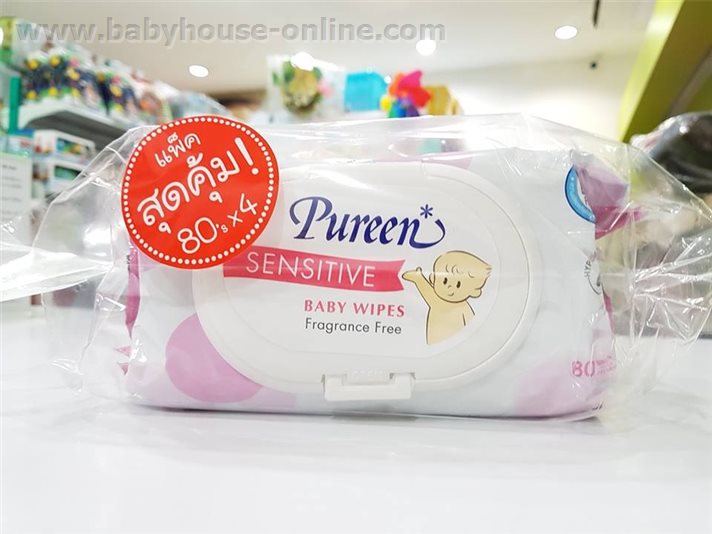 Pureen ทิชชู่เปียก 80ชิ้น Sensitive สีชมพู Pack4ห่อ